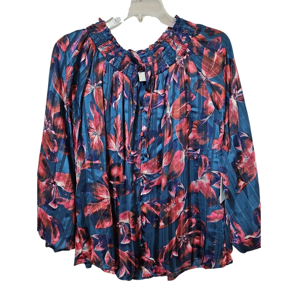 Zac & Rachel Multi-Color Floral Smocked Metallic Stripe Satin Blouse NWT 0621